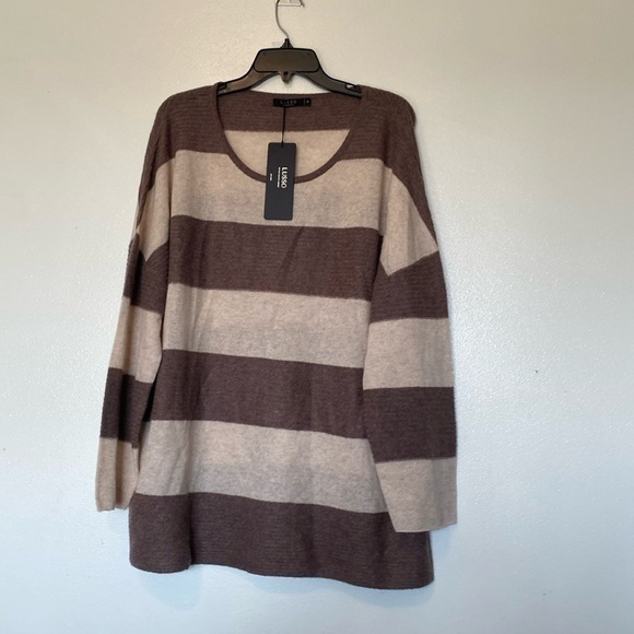 Lusso Cashmere Logan Plus Size Heather Caramel Combo Striped Cream Sweater